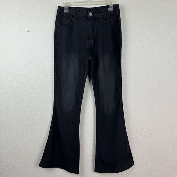 Unbranded Denim - Women’s High Waisted Flare Leg Stretch Faded Black Gray Denim Jeans Medium